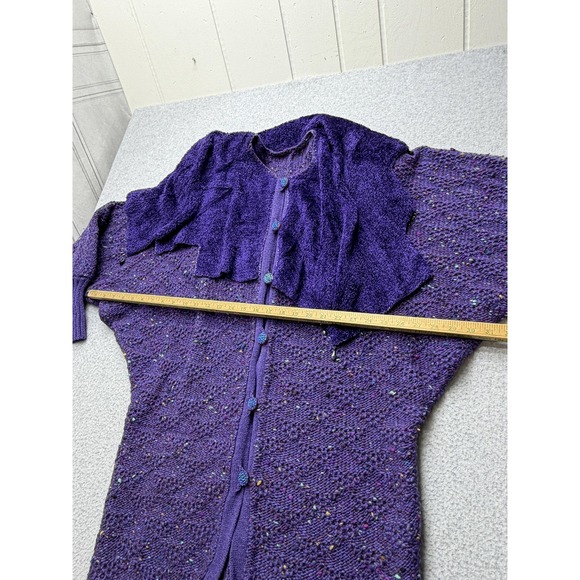 Vintage Purple‎ Tweed Knit Sweater Womens Large Beaded Dolman Cardigan Cape 80s - Picture 13 of 16